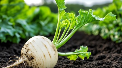 Wall Mural - White turnip is sitting on the ground in a field. The turnip is surrounded by green leaves and is the main focus of the image