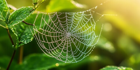 Spider web glistening on a green leaf after rain in the morning, showcasing the delicate beauty of nature s craftsmanship in the refreshing atmosphere of a morning dew.