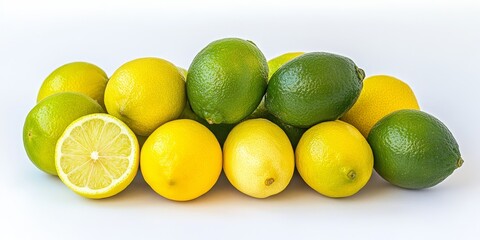 Wall Mural - Fresh limes and lemons displayed on a clean white background, showcasing the vibrant colors and textures of fresh lime and lemon produce for a refreshing visual appeal.