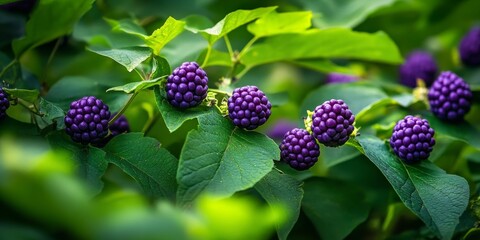 Canvas Print - Vibrant purple fruits thrive in a lush green yard, showcasing the beauty and richness of nature. These purple fruits enhance the scenery of the green yard, making it visually captivating.