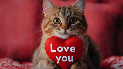 Canvas Print - Cute cat holding a heart with the text 