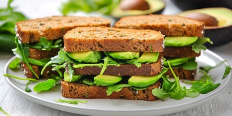 Poster - Avocado sandwiches displayed on a white plate highlight the concept of proper nutrition. This image of avocado sandwiches emphasizes healthy eating choices and balanced meals for wellness.