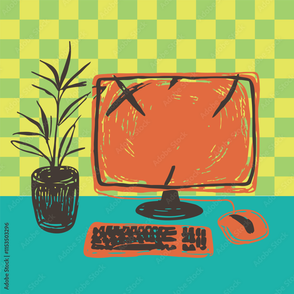 Sketchy Computer computer workspace with checkered wall illustration_ in bold pop art ...
