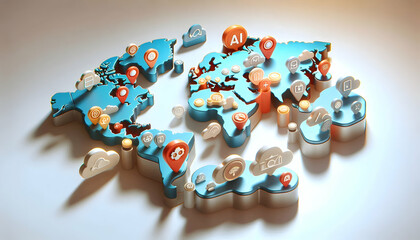 Sticker - 3D Glossy World Map Highlighting AI Regions on Plain Background for Global Business Marketing