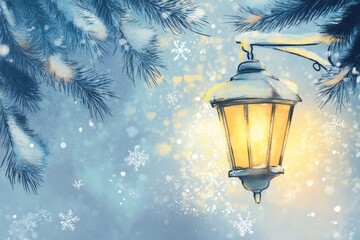 Poster - Beautiful winter doodle of a glowing street lantern illuminating snowy surroundings at dusk. Generative AI