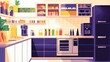 © viking75 - Stylized kitchen illustration with bold colors, modern appliances, open shelving, and neatly arranged jars and utensils, creating a vibrant and organized space. AI generative.