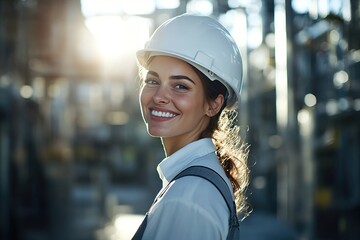 Wall Mural - portrait of confident woman in construction helmet smiling brightly against blurred industrial background