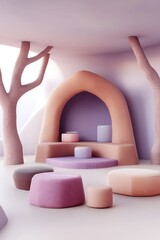 Canvas Print - Abstract pastel-colored 3D rendering of a serene indoor scene with arched alcove, textured stones, and minimalist design elements.