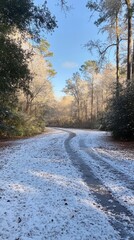 Canvas Print - A pathway covered in snow, shining under the winter sun, surrounded by a serene atmosphere, showcasing intricate textures, a peaceful background, and lively festive colors in a cheerful natural