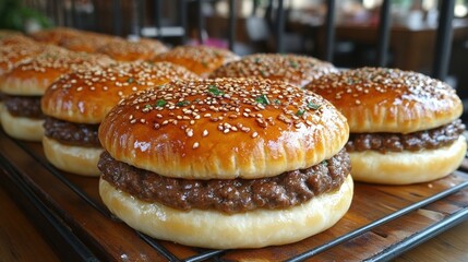 Wall Mural - Close-up of several delicious sesame seed burgers on a wire rack.