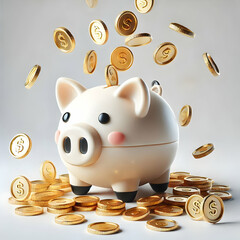 Wall Mural - 3D Transparent Piggy Bank with Falling Golden Coins on White Background - Savings and Financial Security Concept