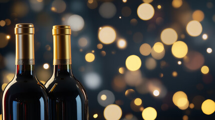 Wall Mural - Two bottles of red wine with golden caps against a festive bokeh light background.