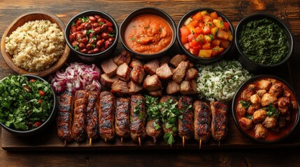 Wall Mural - Delicious grilled meat skewers with rice, beans, and various vegetable side dishes on a wooden board.