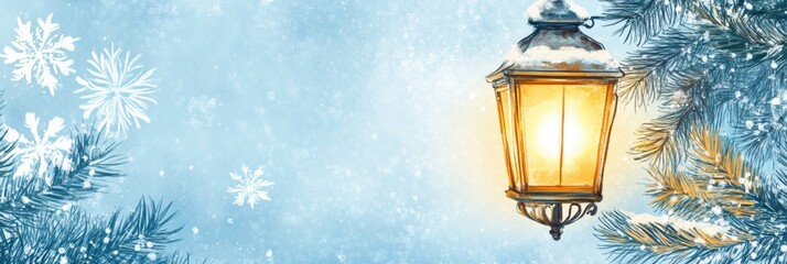 Poster - Glowing winter street lantern surrounded by frosty trees and gentle snowflakes in a serene evening. Generative AI