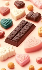 Wall Mural - Assorted chocolates and candy hearts on pink background.