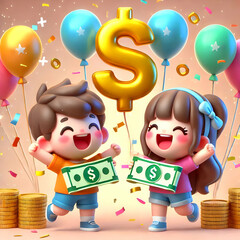 Canvas Print - 3D Kids Celebrate Financial Success with Confetti Balloons Vibrant Background Soft Space