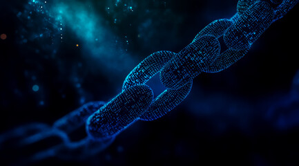 A digital blue chain with binary code on it, symbolizing blockchain technology.