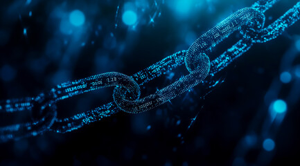 A digital blue chain with binary code on it, symbolizing blockchain technology.
