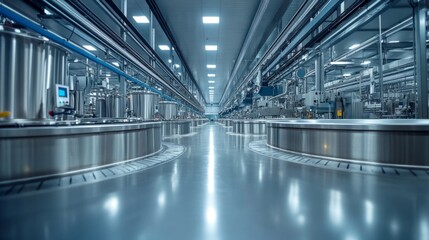 Fototapete - High-tech industrial facility featuring rows of stainless steel machinery and equipment designed for efficient production processes. The environment is clean and well-lit.