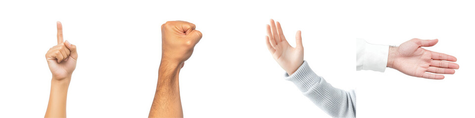 Diverse Hands with Various Gestures Representing Communication, Directions, and Emotions in Clear White Background