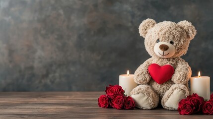 Wall Mural - A cute teddy bear with a heart sits among red roses and candles, creating a warm, romantic atmosphere.