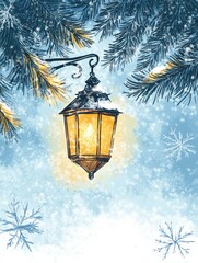 Aufkleber - Warm glow of a lantern illuminating a snowy winter night under a clear blue sky amid delicate snowflakes. Generative AI