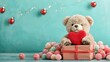 © OngCaLucK - A cute teddy bear holds a red heart, sitting in a gift box surrounded by colorful decorative balls against a teal background.