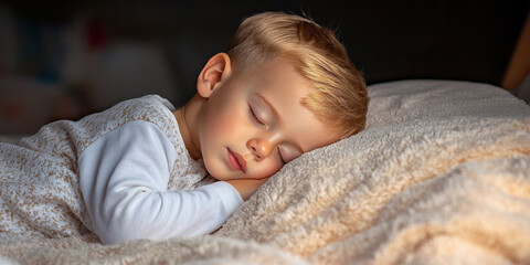 Wall Mural - Sleep Hygiene concept, A peaceful child sleeps soundly on a cozy bed, bathed in warm light, embodying innocence and tranquility.