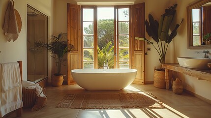 Wall Mural - Sun-drenched, Luxurious Bathroom with a View.  Modern, Peaceful, and Minimalist Interior Design.