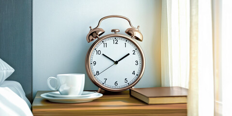 Sleep Hygiene concept, A vintage alarm clock sits beside a cup of coffee and a book on a wooden nightstand by a window, creating a cozy morning atmosphere.