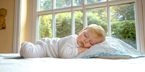 Wall Mural - Sleep Hygiene concept, A peaceful baby sleeps on a pillow by a window, surrounded by soft natural light and a serene atmosphere.