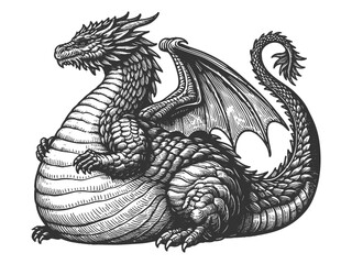 Wall Mural - Chubby faty dragon with intricate scales, wings, and regal expression, blending fantasy and artistry sketch engraving generative ai vector illustration. Scratch board imitation. Black and white image