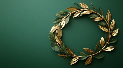 Canvas Print - Golden and green leaf wreath on dark green background.