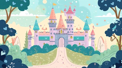 A cartoon illustration of a fairytale castle in a forest setting.