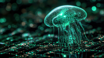 glowing jellyfish silhouette formed by binary code, floating over digital grid