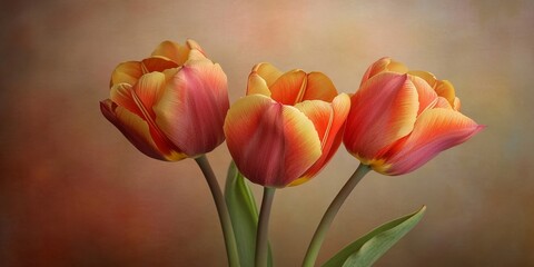 Canvas Print - Close up of a beautiful bouquet featuring three red yellow tulip flowers, enhanced by soft focus and a bokeh effect, showcasing the elegance of tulip flowers in a striking way.