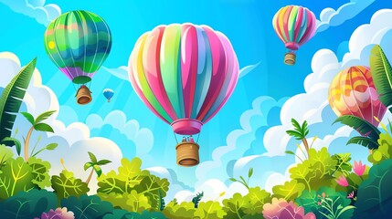 A cartoon illustration of hot air balloons floating in the sky above a tropical landscape.