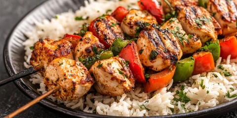 Wall Mural - Delicious chicken kebab served with vibrant bell pepper and fluffy rice, creating a delightful chicken kebab dish that combines flavors and textures for an unforgettable meal featuring chicken kebab.