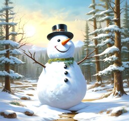 Wall Mural - Illustration of snowman with winter landscape.