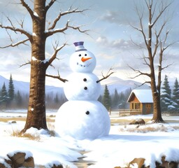 Wall Mural - Illustration of snowman with winter landscape.