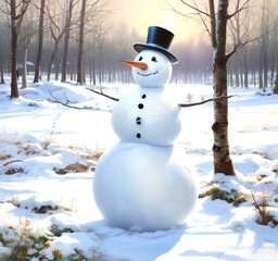 Wall Mural - Illustration of snowman with winter landscape.