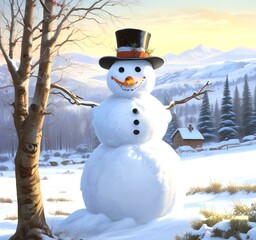 Wall Mural - Illustration of snowman with winter landscape.