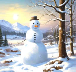 Wall Mural - Illustration of snowman with winter landscape.