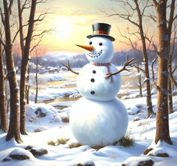 Wall Mural - Illustration of snowman with winter landscape.