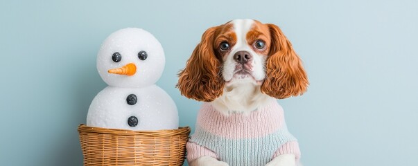 Wall Mural - Dog wearing sweater concept in snowy play setting. Adorable dog beside a snowman in a cozy setting