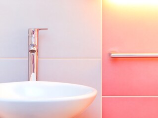 Wall Mural - Modern bathroom sink with chrome faucet and pink tile.