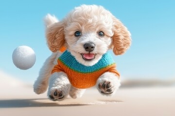 Wall Mural - Dog wearing sweater concept in snowy play setting. Playful puppy in colorful sweater chasing a ball on a sunny day