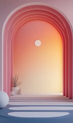 Canvas Print - Pastel archway with plant, steps, and sphere.