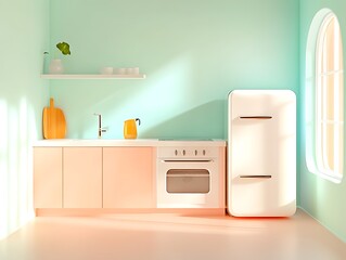 Wall Mural - Pastel pink kitchen interior with retro fridge and sunlight.