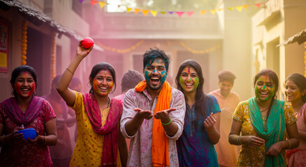 Indian people, celebrating Holi festival with powder, happy, smiling in street with culture, tradition and colorful celebration